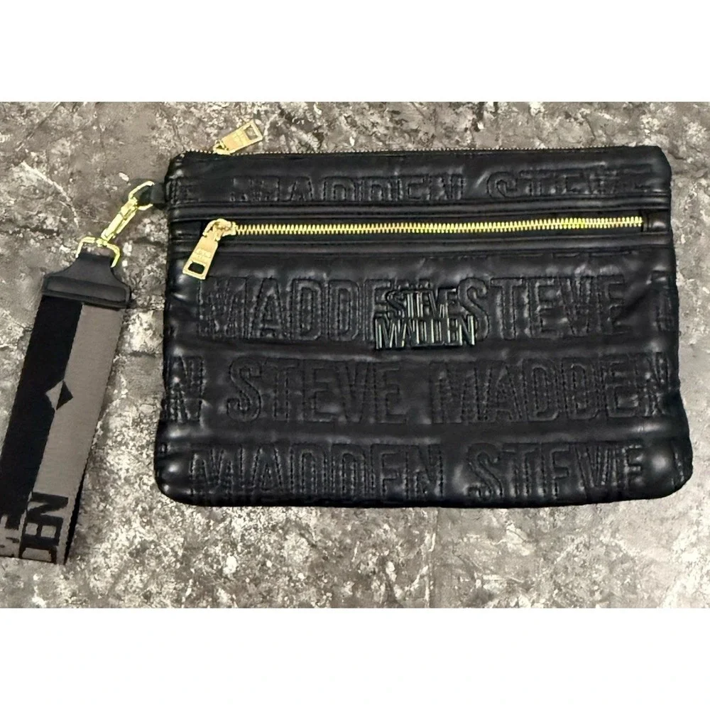 Steve Madden Black Embossed Logo Large Wristlet Clutch Bag